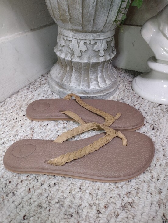 Sanuk Shoes - Sanuk Yoga Braid Tan Braided Leather Strap Flip-Flop Sandals